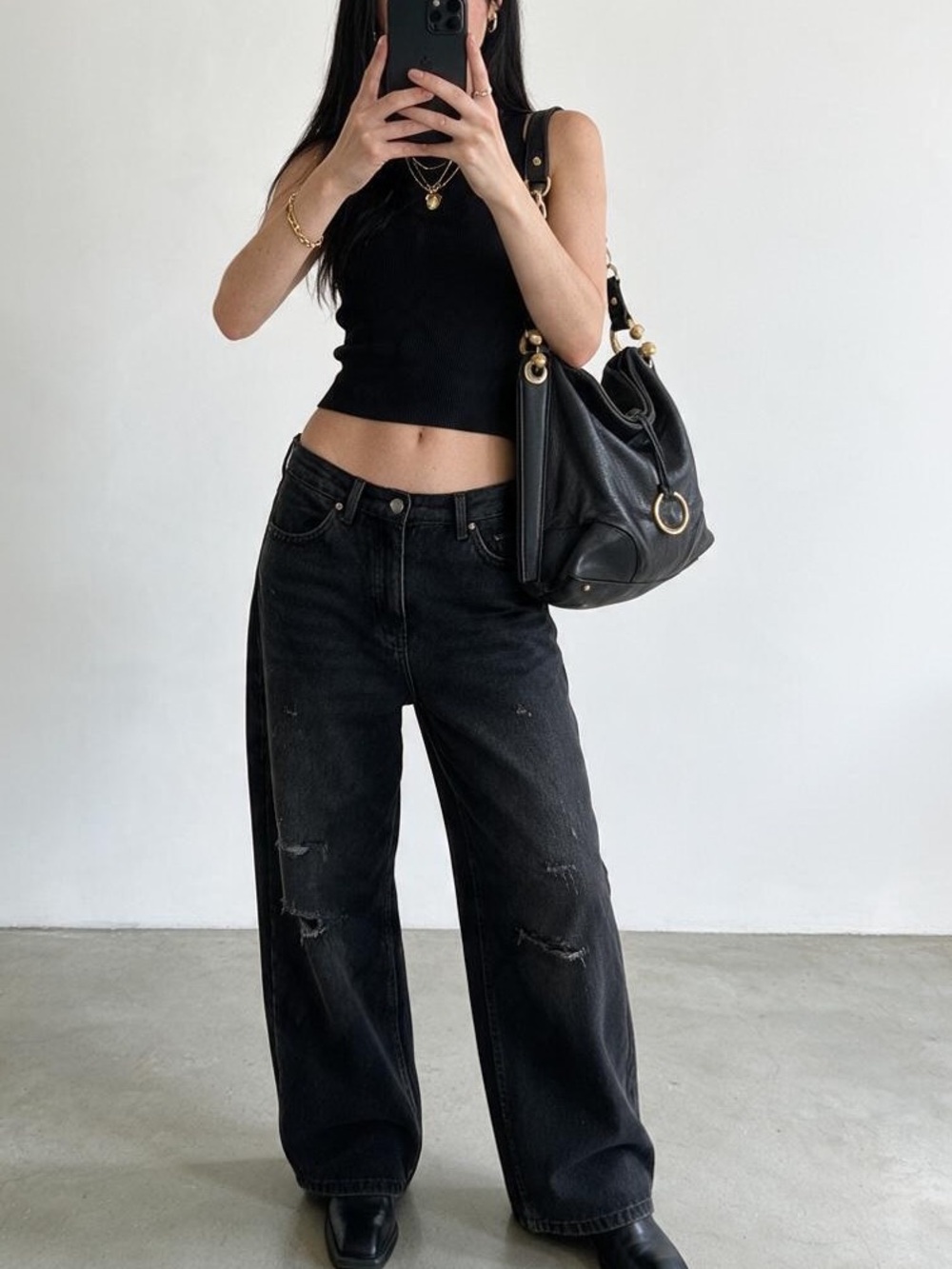 Y2K BCBGMAXAZRIA Black Leather Hobo Shoulder Bag Gold Chain